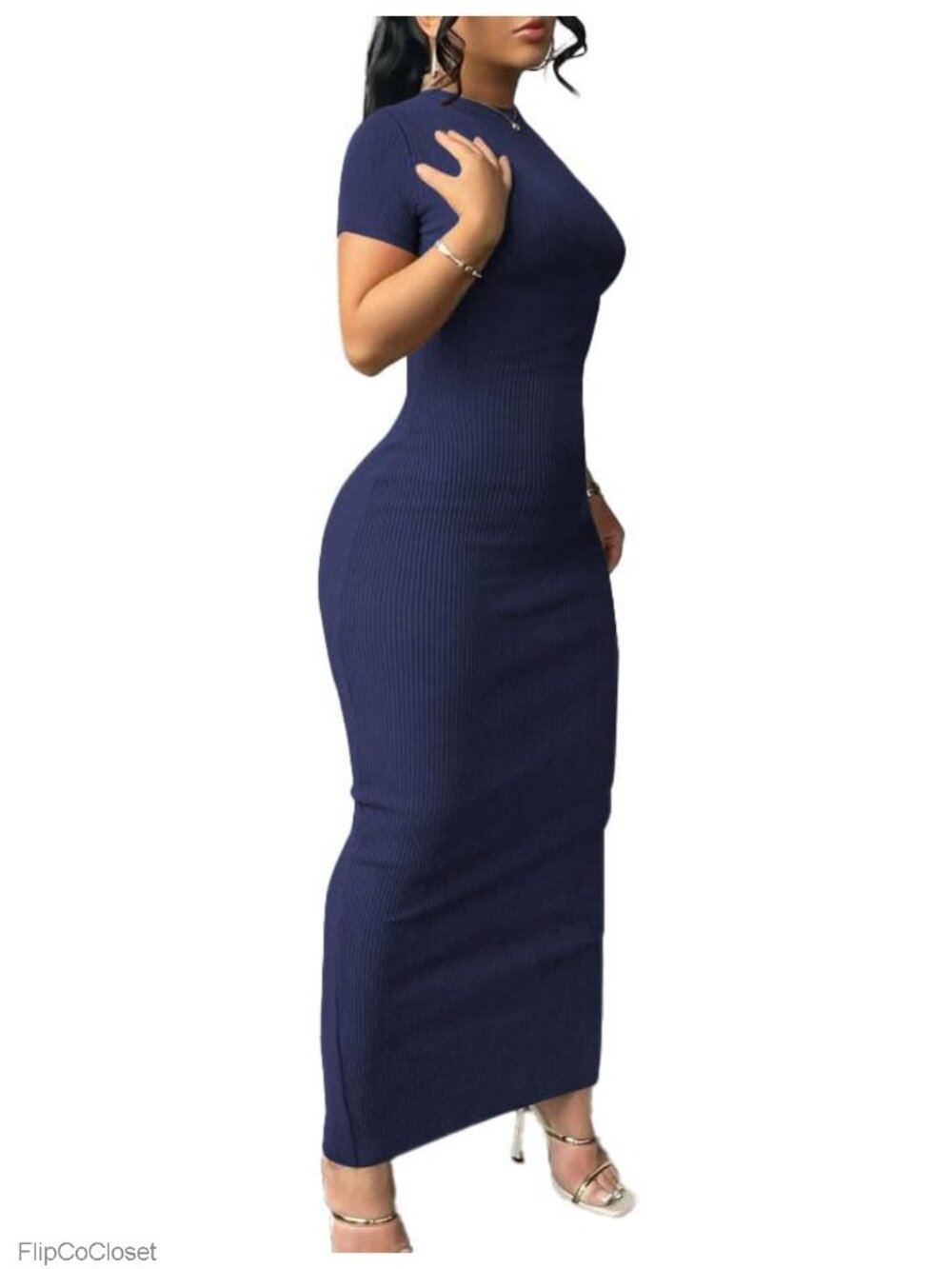 Women's Ribbed Knit Bodycon Maxi Dress Crew Neck Short Sleeve Casual Long Dress